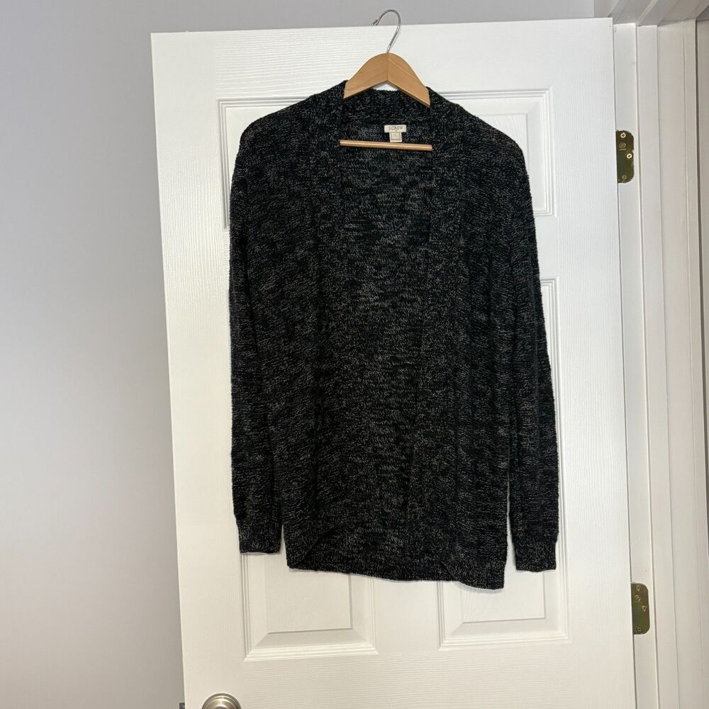 J Crew Open Sweater Womens L Gray Black Cotton Long Sleeve Cardigan